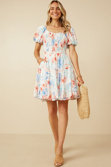 HY7284 Off White Womens Textured Romantic Floral Smocked Puff Sleeve Dress Gif